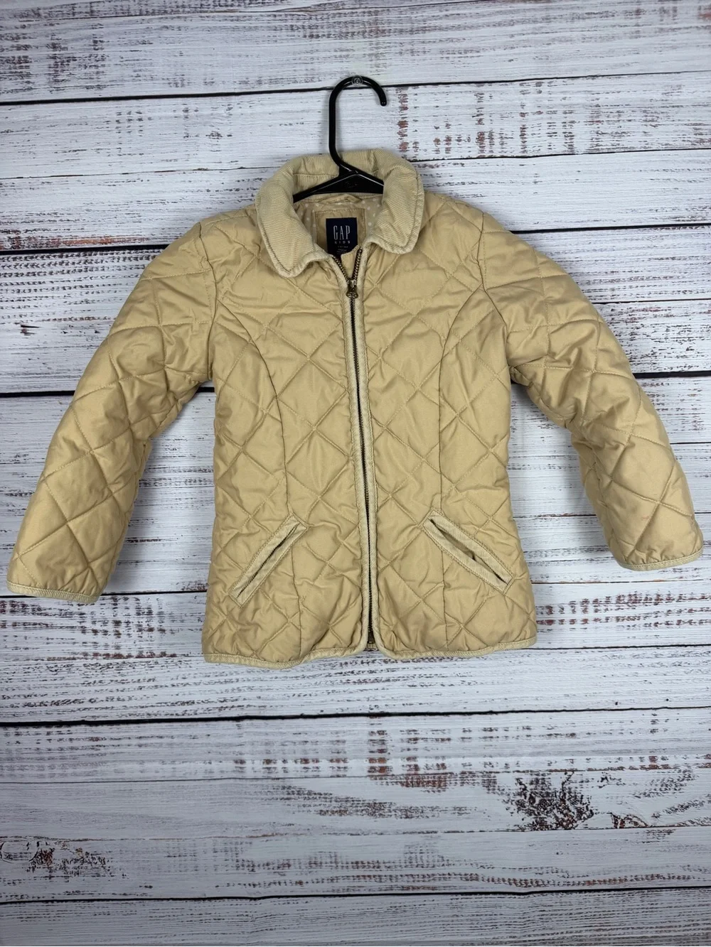 GAP Kids Quilted Jacket Girls XS 4-5 Tan Beige Polka Dot Lining